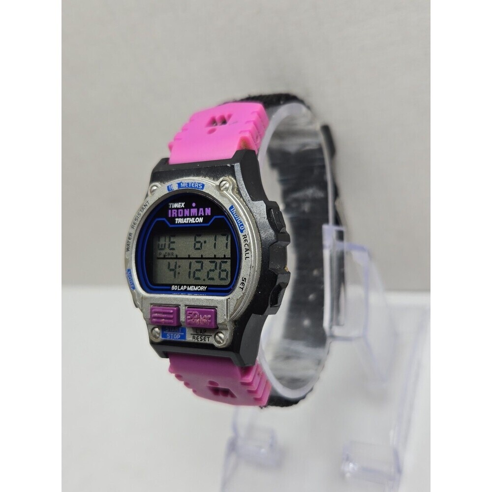 Vintage 1996 Timex Ironman Triathlon 50 Lap Purple Digital Watch New Battery - Picture 2 of 11